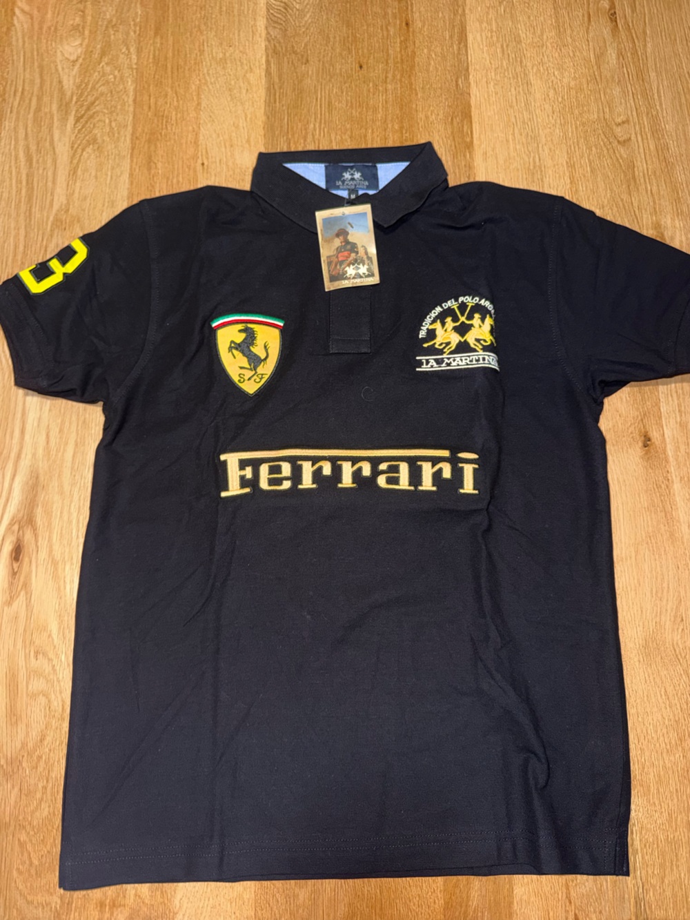 La Martina x Ferrari Black Polo Shirt with Yellow Logos